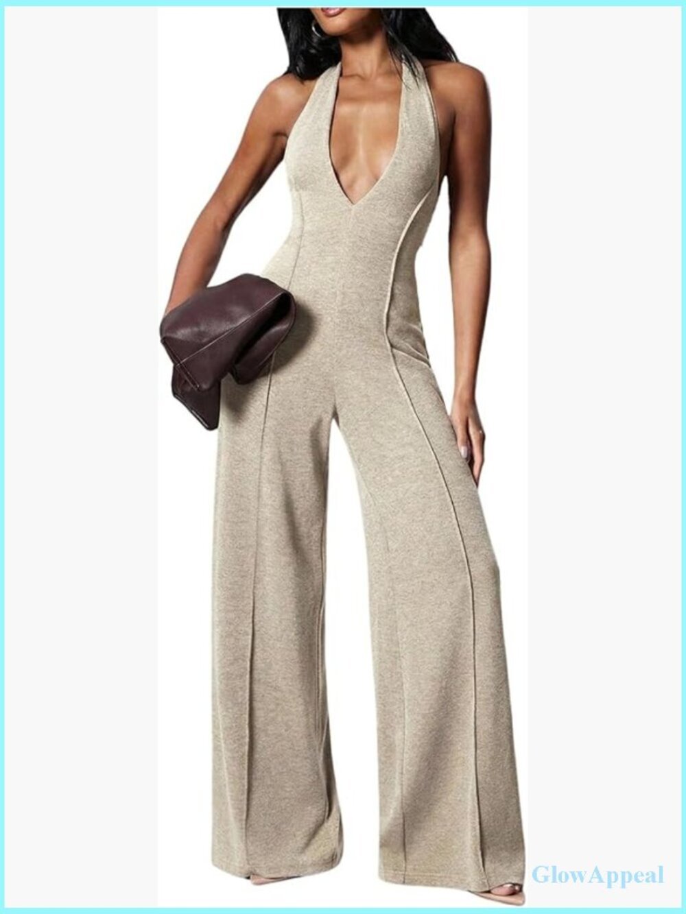 Halter Jumpsuit Deep V Neck Sleeveless Backless Wide Leg Romper